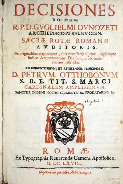 Volume "Decisiones Bo: Mem : R. P. D. Guglielmi Dunozeti Archiepiscopi Seleucien. Sacrae Rotae Romanae Auditoris […]", Ex Typographia Reverendae Camerae Apostolicae, 1668, (difetti e macchie).