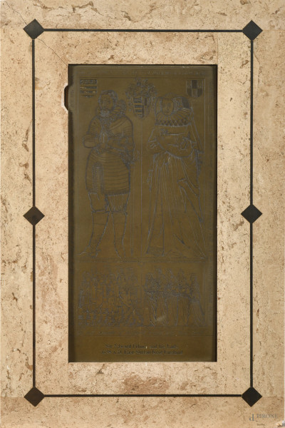 Sir Edward Filmer and his lady, XX secolo, lastra in bronzo con cornice rivestita in marmo,  misure totali cm 72x47, (scalfiture, rotture, mancanze)