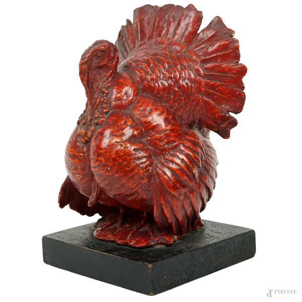 Guido Cacciapuoti - Tacchino, scultura in ceramica smaltata rossa, anni '30, cm h 19, (difetti)