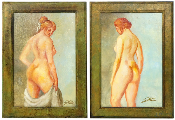 Coppia di dipinti raffiguranti nudi di donne, olio su cartone telato, cm 29x19, firmati G.Notte, entro cornici.