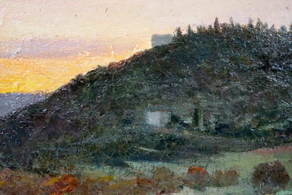 Scuola italiana del XIX secolo, Paesaggio al tramonto, olio su tela, cm 20x40, entro cornice