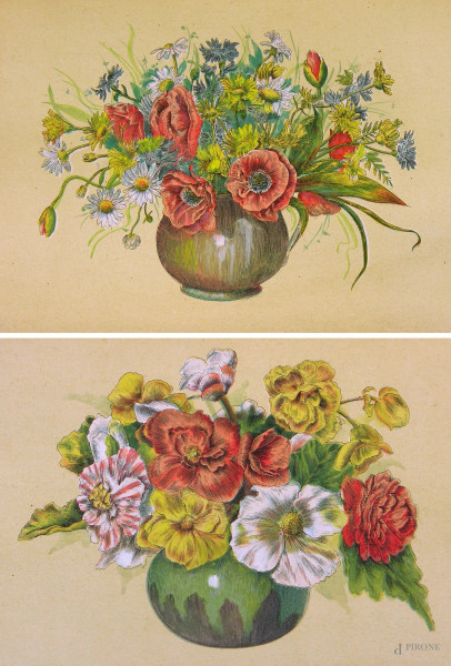 Coppia di vecchie tavole di botanica raffiguranti vasi con fiori acquarellate a mano, ciascuna cm 24x17