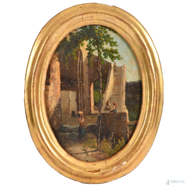Scorcio di paese con figure, XIX-XX secolo, olio su tela applicata su tavola a setto ovale, cm 26x19, entro cornice, (ondulazioni della tela)