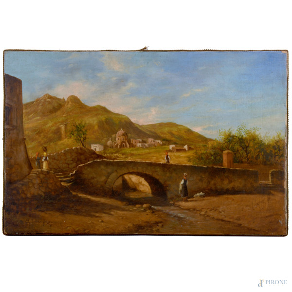 Paesaggio con ponte e figure, olio su tela, XIX secolo, cm 40x62, firmato in basso a destra 