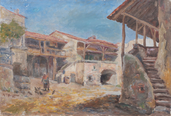 In cortile, XX Secolo, olio su tela, cm 38x55, firmato in basso a sinistra, (segni di usura, abrasioni, cadute di colore, rotture, difetti)