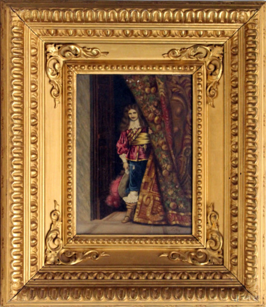 Interno con gentiluomo, olio su tela, cm. 22x16, XIX sec., entro cornice.