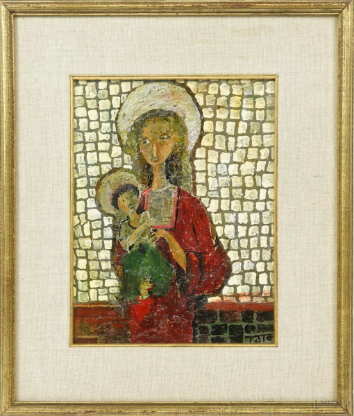 Madonna con il Bambino, olio su compensato, XX secolo, cm 26,4x20,2, entro cornice