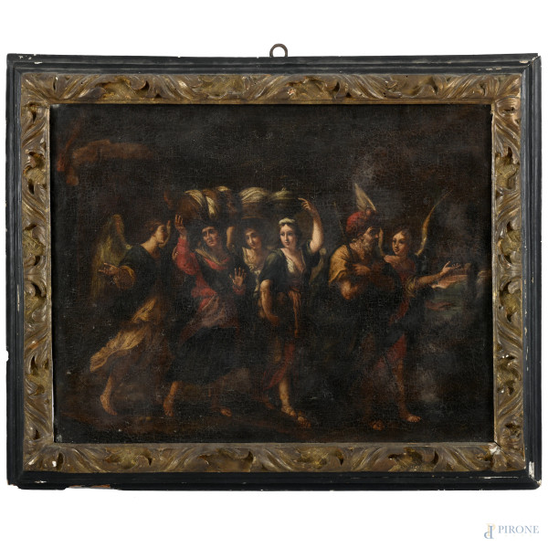 Pittore XVII secolo, Lot in fuga da Sodoma, olio su tela, cm 49,5x63,5, entro cornice