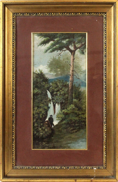 Paesaggio con cascata e personaggio, olio su tela, cm. 39x19, entro cornice, XX secolo.