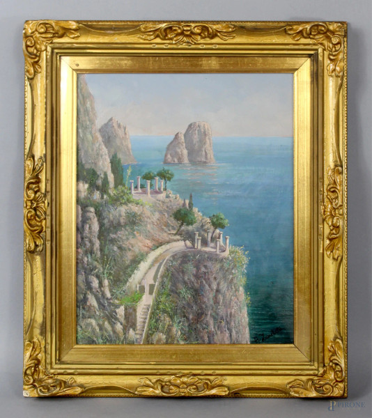 Scorcio di Capri, olio su cartone, 30x20cm, firmato A.Zanchelli, entro cornice.