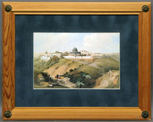 Paesaggio arabo con figure, acquarello su carta, cm 21 x 31, firmato, entro cornice.