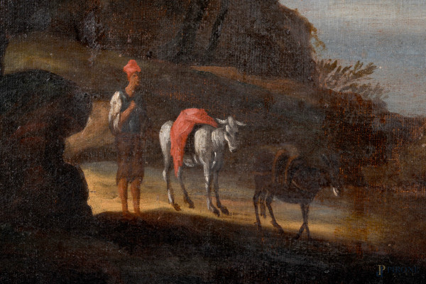 Paesaggio fluviale con figure, XVIII secolo, olio su tela, cm 71x97 entro cornice