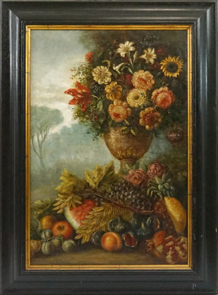 Natura morta - Vaso con fiori, fichi ed uva, olio su tela, cm 92x61, inizi XX secolo, entro cornice, (restauri).