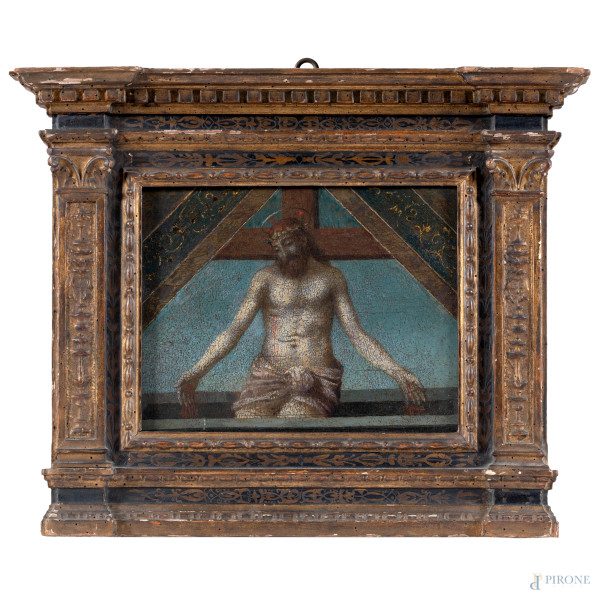 Cristo al sepolcro, XIX secolo, olio su tavola, cm 22x28, entro cornice, (segni di usura, difetti)