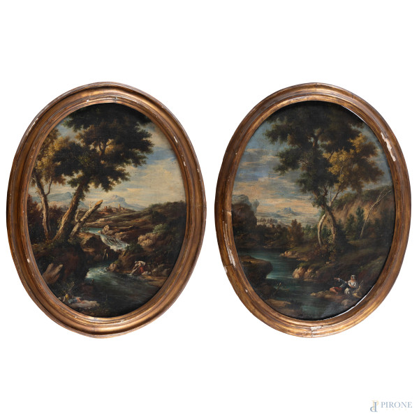 Coppia di paesaggi con figure, XIX secolo, olio su tela a serto ovale, misura massima cm 93,5x70, entro cornice, (segni di battitura del telaio, craquelure, sollevamenti e cadute di colore, difetti)