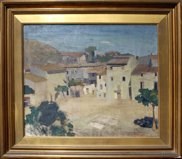 Scorcio di paese, olio su tela firmato P. Gaudenzi, cm 53 x 64, entro cornice.