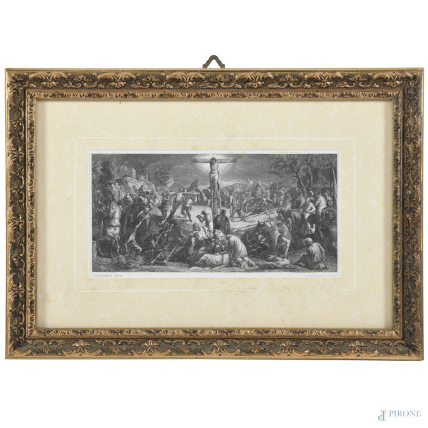 Crocifissione, XX secolo, incisione (da Jacopo Robusti, detto Tintoretto), cm 20x31, entro cornice, ondulazioni della carta, foxing)