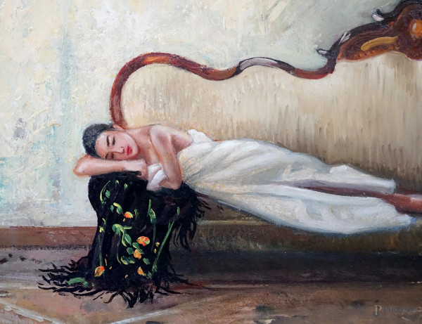 Modella in posa, olio su tavola, firmato in basso a sinistra, cm 55x75, entro cornice