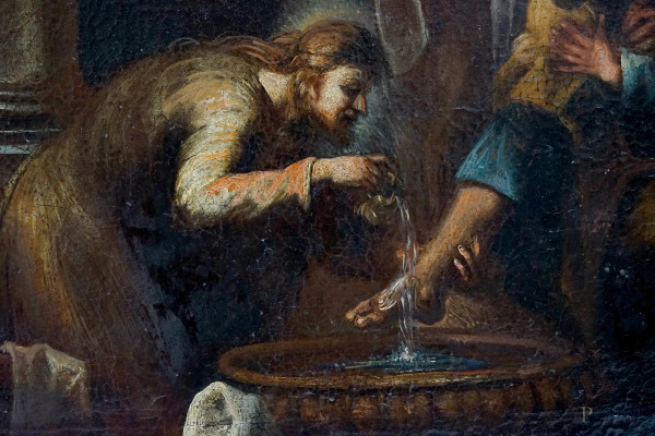 Lavanda dei piedi, olio su tela, XVII secolo, cm 62x102, entro cornice