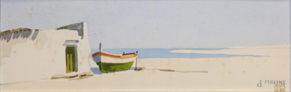 Aldo Riso, Spiaggia con barca, acquarello su carta, cm 18x23, entro cornice.