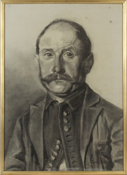 Ritratto d'uomo con baffi, tecnica mista su carta, cm 50x35, firmato, entro cornice.
