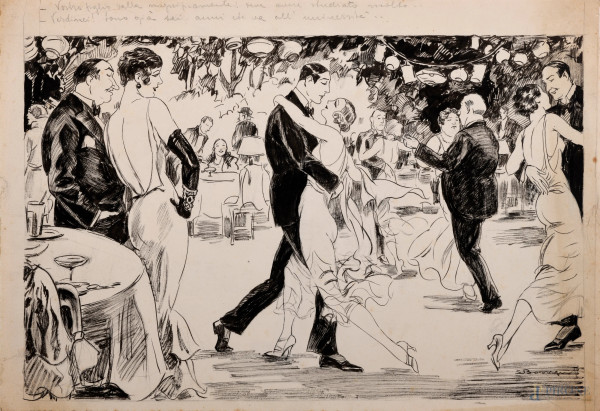 Luigi Bompard (1879 - 1953), Il ballo, tecnica mista su carta, firmato in basso a destra, cm 29,5x43, (lievi segni di usura del tempo)