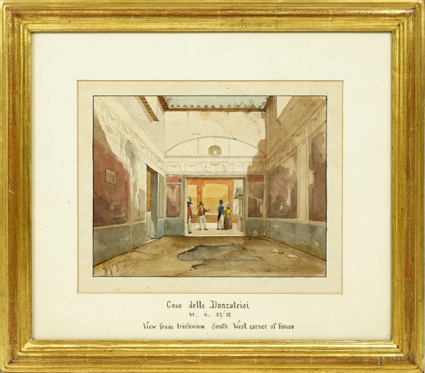 Casa delle danzatrici, acquerello su carta, cm 13,5x17, firmato in basso a sinistra, entro cornice.