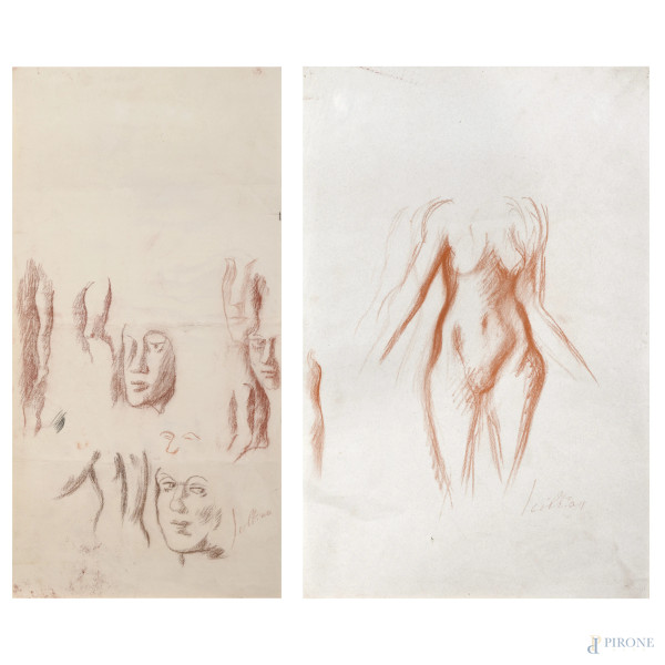 Coppia di disegni a sanguigna di Gregorio Sciltian, misure massime cm 49,5x33, firmati, (segni di usura, difetti)