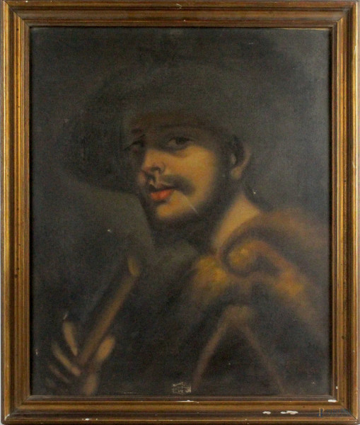 Ritratto di giovane con cappello, olio su tela, cm 50x40, firmato, entro cornice