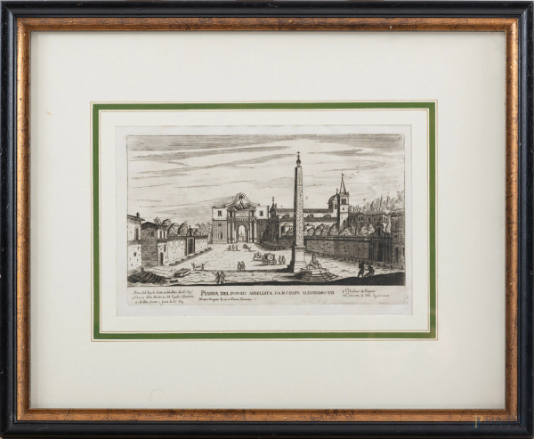 Giovanni Battista Falda, Piazza del Popolo abbellita da L.S. Papa Alessandro XVII, acquaforte tiratura 600esca, cm 38,5x49 compreso passepartout, entro cornice, (tracce di umidità, ondulazioni della carta)
