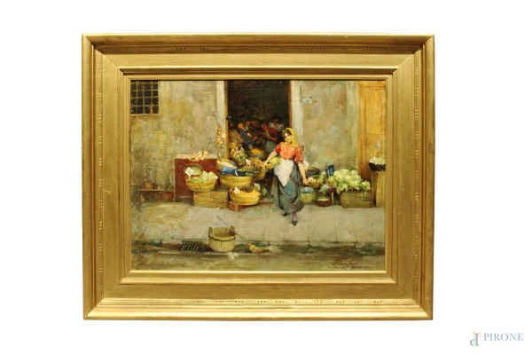 La verduraia, dipinto ad olio su tela cm 54 x 70,firmato Stefano Novo, entro cornice.