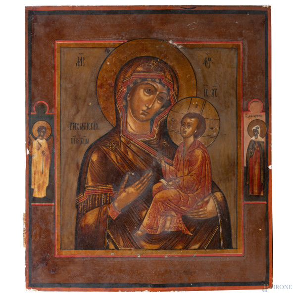 Icona raffigurante Madonna con Bambino, XIX-XX secolo, tempera su tavola, cm 36x30,5, (segni di usura, difetti)