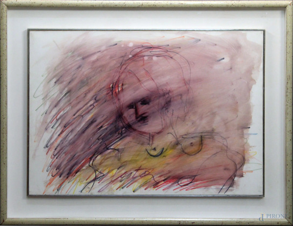 Tano Festa - Ritratto di donna, tecnica mista su carta intelata, 50x70 cm, entro cornice con autentica