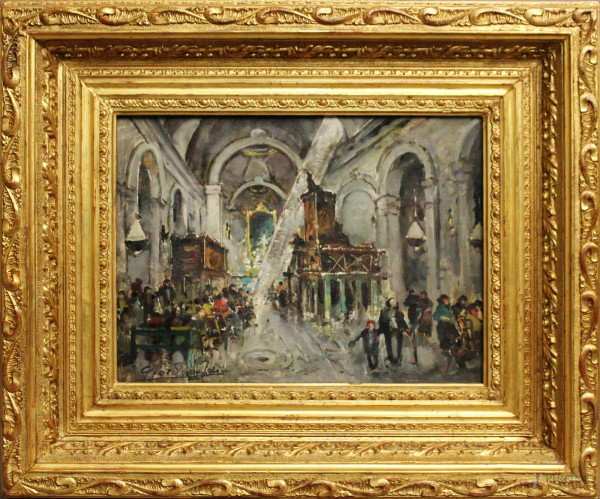 Giordano Felice - Interno di chiesa, dipinto ad olio su tela, cm 30 x 40, entro cornice.