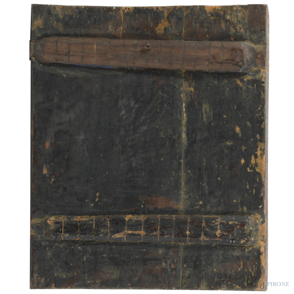 Icona raffigurante Crocifissione, XIX secolo, tempera su tavola, cm 50x41, (segni di usura, abras...