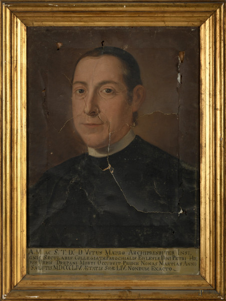 Ritratto di un arcipresbitero,  olio su carta, cm 52x36 entro cornice, (difetti, rotture e restauri)