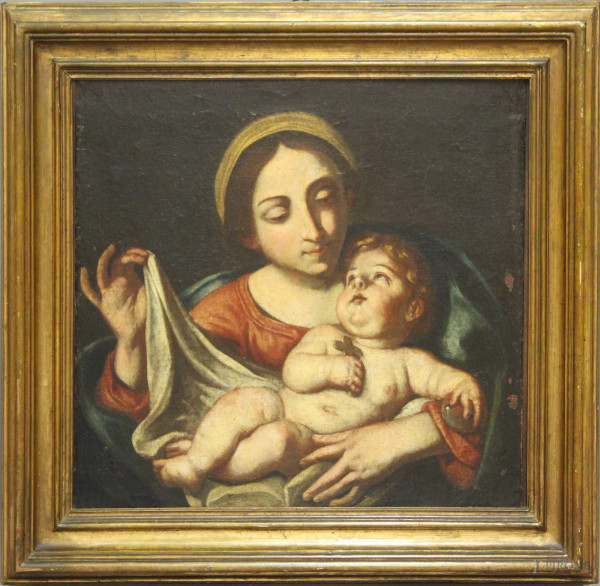 Pittore del XVII sec., Madonna con Bambino, olio su tela, cm 57,5x63,5, entro cornice.