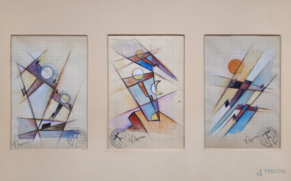 Vittorio Caproni (XX sec.), Lotto composto da tre aeropitture a tecnica mista su carta, ciascuna cm 15x10, firma e timbro dell'Artista 