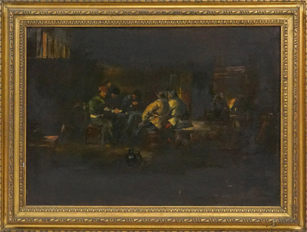 Giocatori di carte, olio su tela, cm 50x70,5, inizi XX secolo, entro cornice.