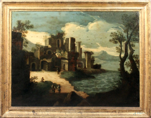 Scuola Laziale del XVII - XVIII secolo, Paesaggio campestre, olio su tela, cm. 74x99 in cornice coeva.