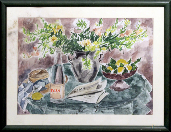 Andr&#233; Dunoyer de Segonzac - Natura morta, fiori, litografia, 7/150, cm. 48x66, entro cornice, (difetti sulla carta).