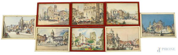 Otto stampe a colori di Mario Carraro (Mestre 1896 - Venezia 1978), raffiguranti scorci di città italiane, cm 16x22,5, entro cornici