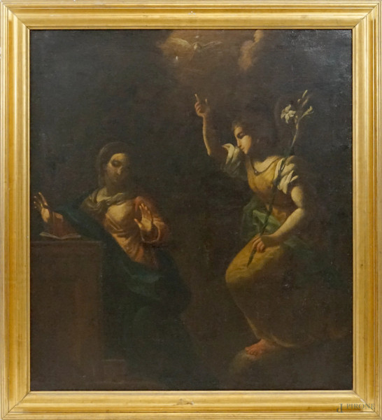 Pittore del XVIII secolo, Annunciazione, olio su tela, cm 107x95,5, entro cornice.