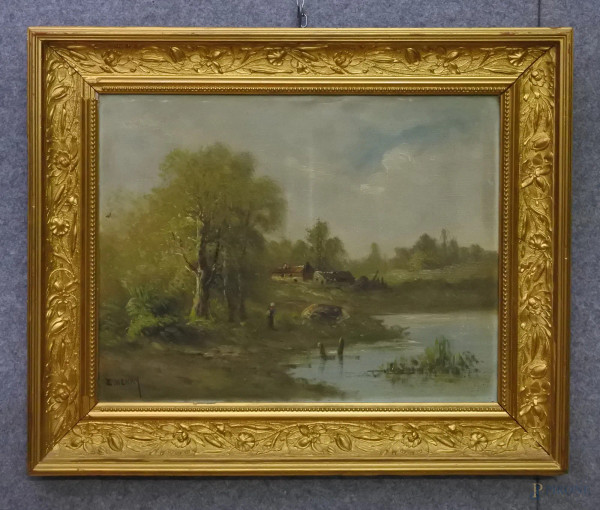 Paesaggio fluviale con figure, olio su tela 42x55 cm,entro cornice.