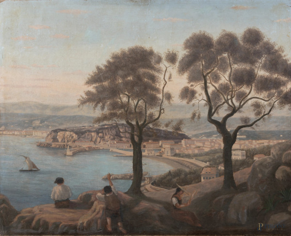 Golfo di Napoli, XX secolo, olio su tela, cm 56,5x70, (segni di usura, abrasioni)