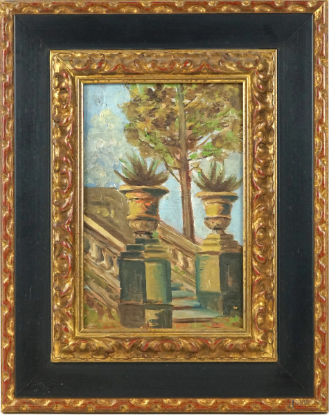 Scalinata, olio su tavola, cm 21x14, XX secolo, entro cornice.