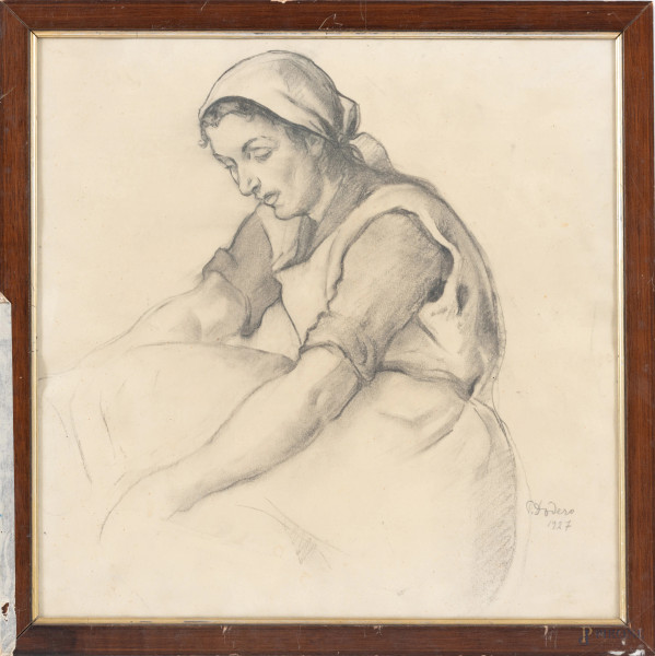 Pietro Dodero (1882-1967), Donna seduta, carboncino su carta, cm 40x40, firmato e dato "1927" in basso a destra, entro cornice, (ossidazione della carta e tracce di piegatura)