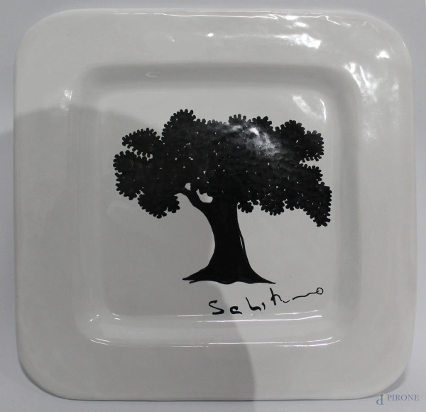 Mario Schifano - Multiplo in ceramica a soggetto di albero color nero, marcato sul retro, tir.200/250, h.4x33x33