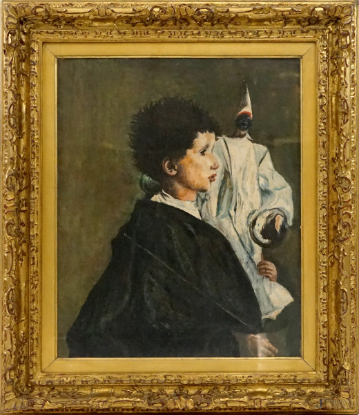 Ragazzo con pecorella, olio su tavola, cm 55x44, XIX secolo, entro cornice.