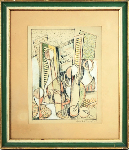 Leandra Mattioli (XX sec.), Composizione cubo-futurista con frutta, vasellame ed aerei, matite grasse su carta, cm 29x22, firmato